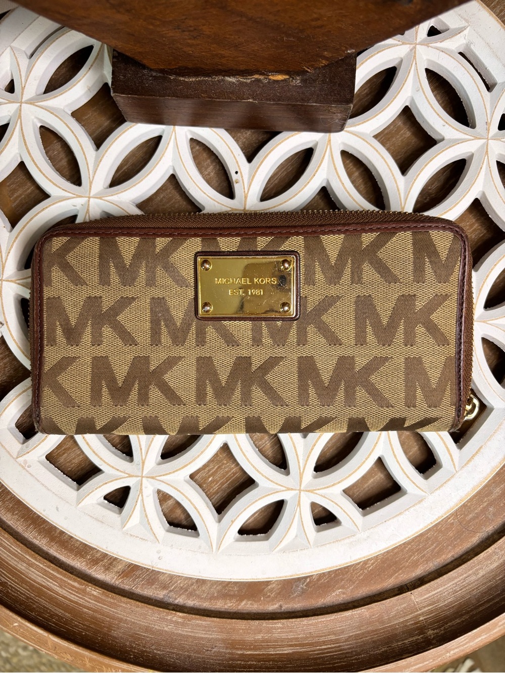 Michael Kors Brown and Tan MK Logo Zip Wallet